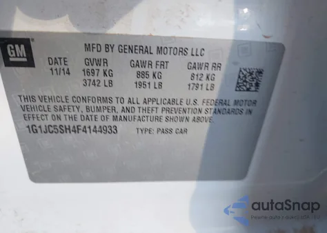 2015 Chevrolet Sonic Lt Auto z USA, uszkodzony, nr VIN 1G1JC5SH4F4144933